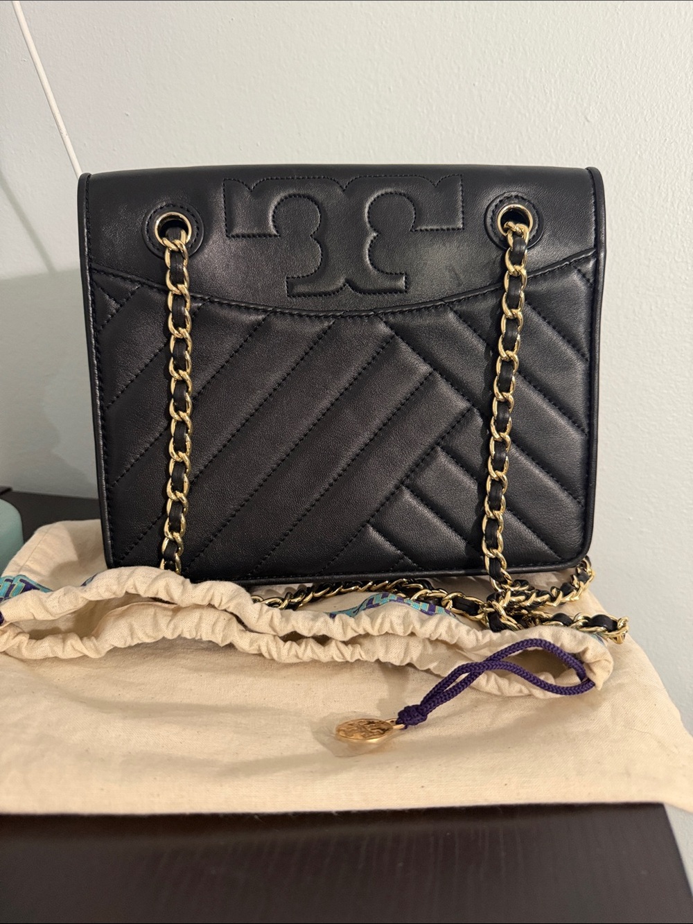 Tory Burch Black Quilted Leather Chain Shoulder Bag with Gold Hardware